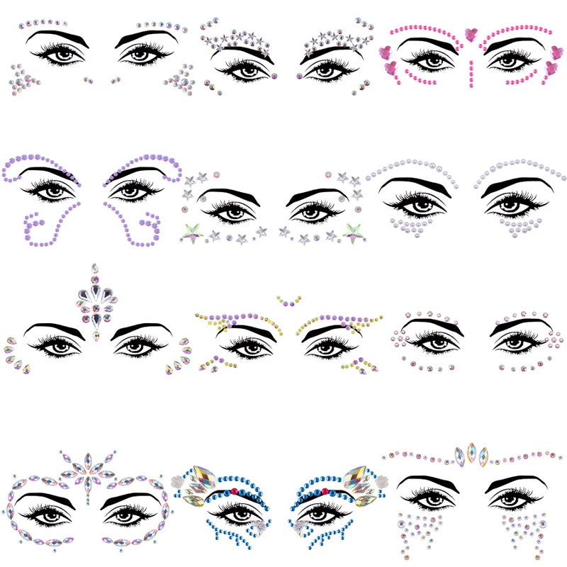 SIQUK 12 Sets Face Jewels Rhinestone Face Gems Stick on Crystal Face Jewel Stickers Mermaid Face Jewels for Rave Carnival Festival Party - Image 1